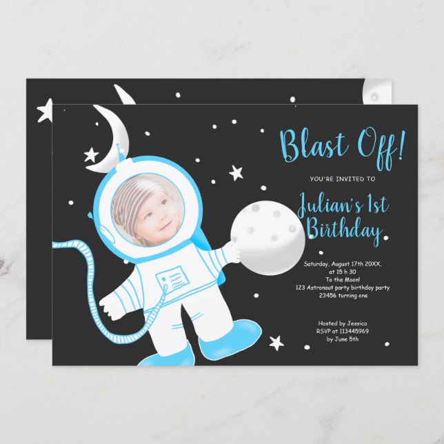 Cute funny astronaut boy blue 1st birthday party invitation (Front/Back)