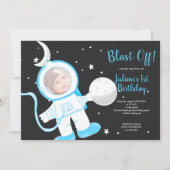 Cute funny astronaut boy blue 1st birthday party invitation (Front)