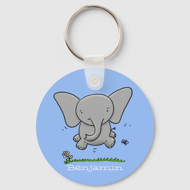 Cute funny baby elephant jump illustration cartoon keychain (Front)
