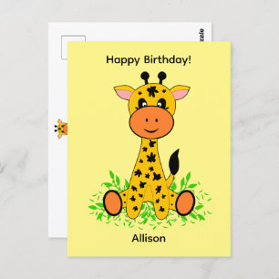 Cute funny baby giraffe for birthday postcard