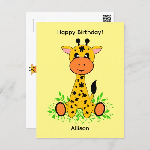 Cute funny baby giraffe for birthday   postcard