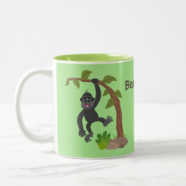 Cute funny baby gorilla cartoon illustration Two-Tone coffee mug (Left)