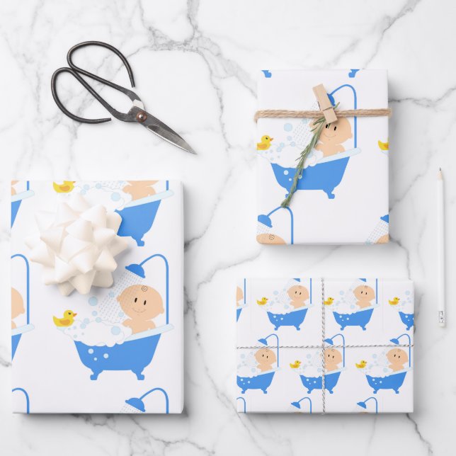 Cute & Funny Baby Shower Bath Tub Yellow Duckie Wrapping Paper Sheets (Front)
