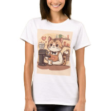 Cute Funny Barista Cat with Coffee T-shirt