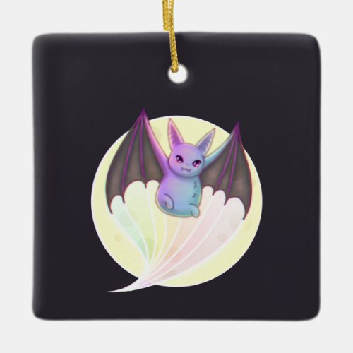 Cute Funny Bat Flying Over Full Moon Ceramic Ornament