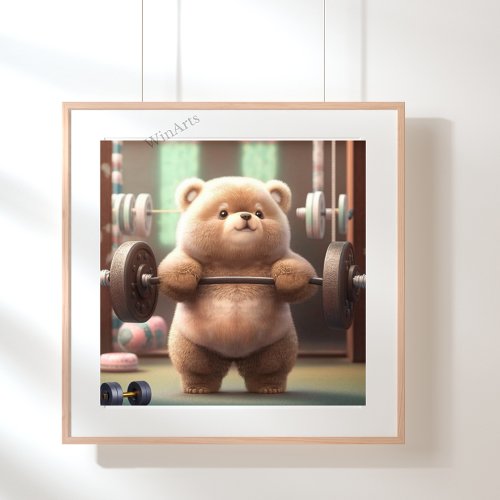 Cute Funny Bear Weightlifting in Gym Workout Art Poster
