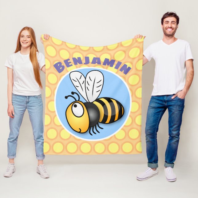 Cute funny bee cartoon illustration fleece blanket (In Situ)