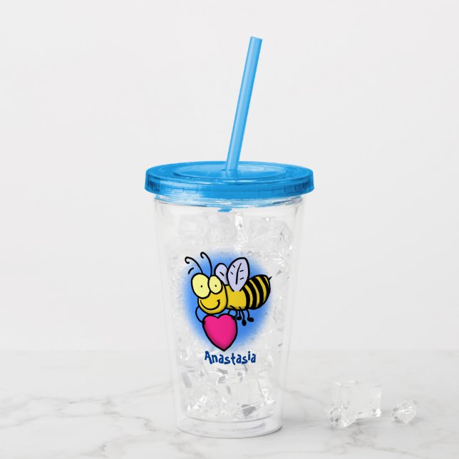 Cute funny bee with heart cartoon illustration acrylic tumbler (Back Ice)
