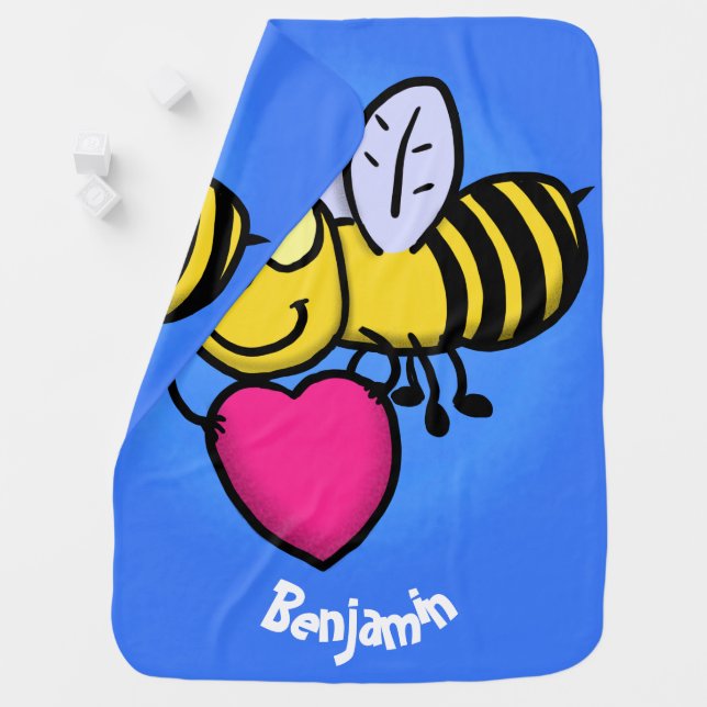 Cute funny bee with heart cartoon illustration baby blanket (In Situ)