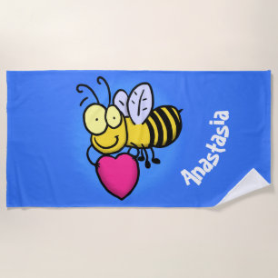 Cute funny bee with heart cartoon illustration beach towel