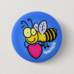 Cute funny bee with heart cartoon illustration button