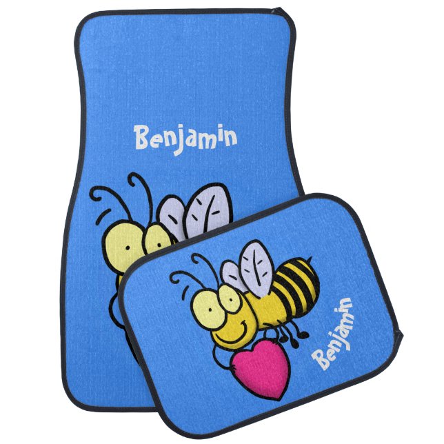 Cute funny bee with heart cartoon illustration car floor mat (Set)