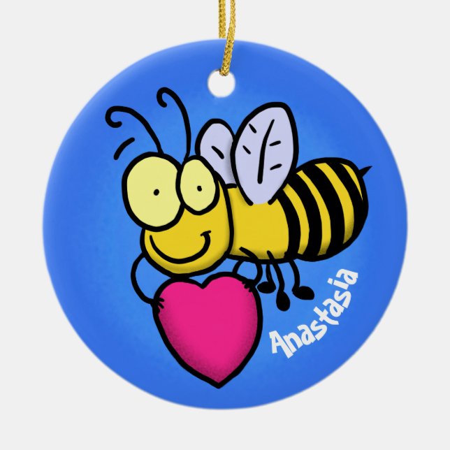 Cute funny bee with heart cartoon illustration ceramic ornament (Front)