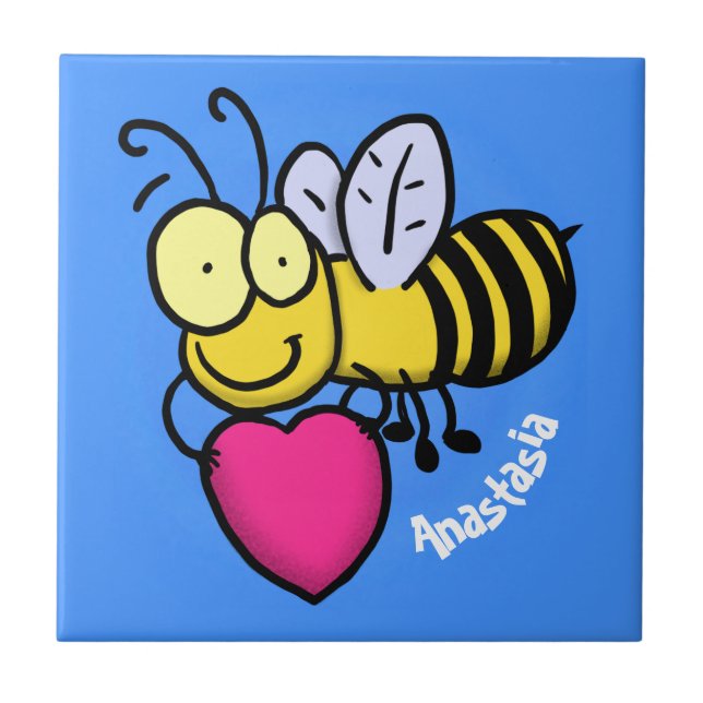 Cute funny bee with heart cartoon illustration ceramic tile (Front)