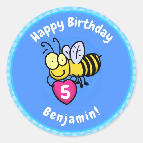 Cute funny bee with heart cartoon illustration classic round sticker