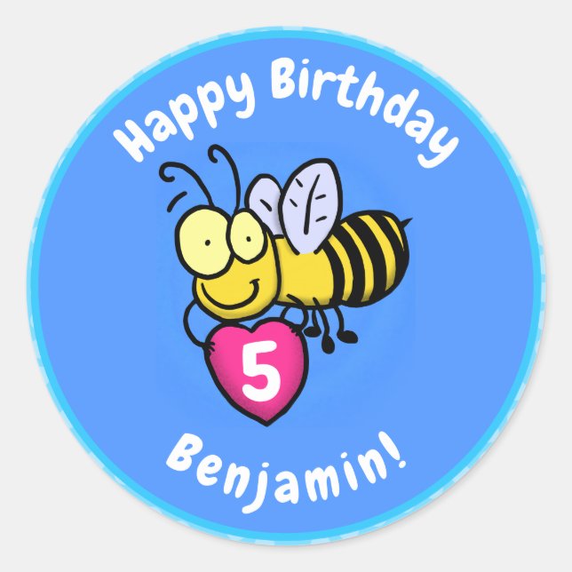 Cute funny bee with heart cartoon illustration classic round sticker (Front)