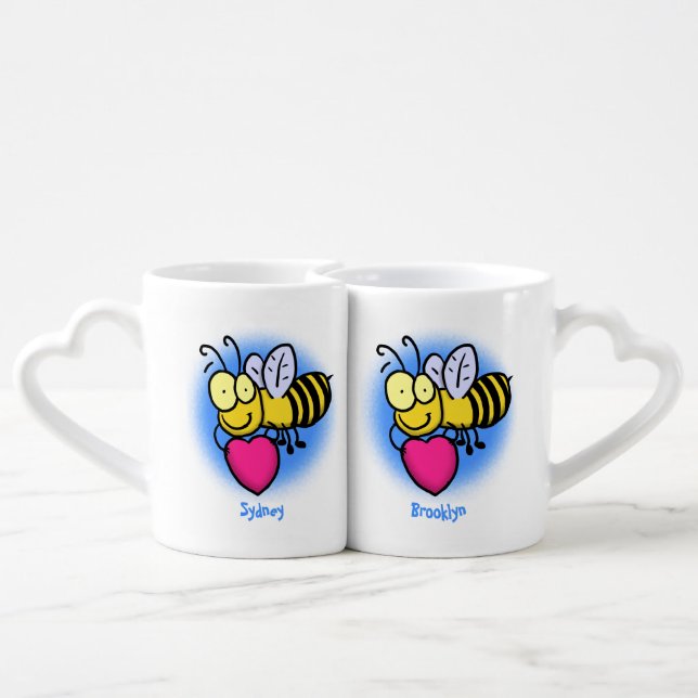 Cute funny bee with heart cartoon illustration coffee mug set (Back Nesting)