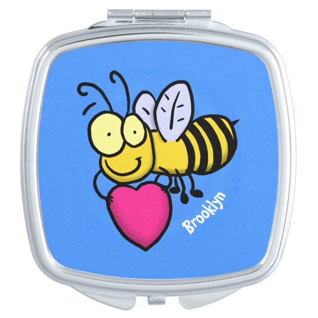 Cute funny bee with heart cartoon illustration compact mirror (Front)