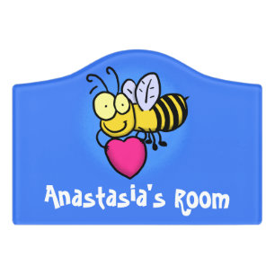 Cute funny bee with heart cartoon illustration door sign