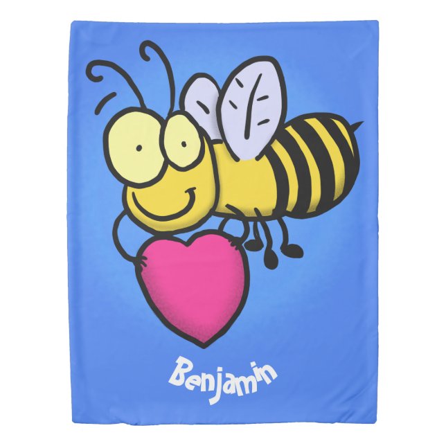 Cute funny bee with heart cartoon illustration duvet cover (Front)