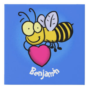 Cute funny bee with heart cartoon illustration faux canvas print