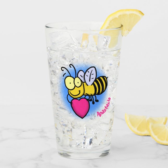 Cute funny bee with heart cartoon illustration glass (Back Ice)