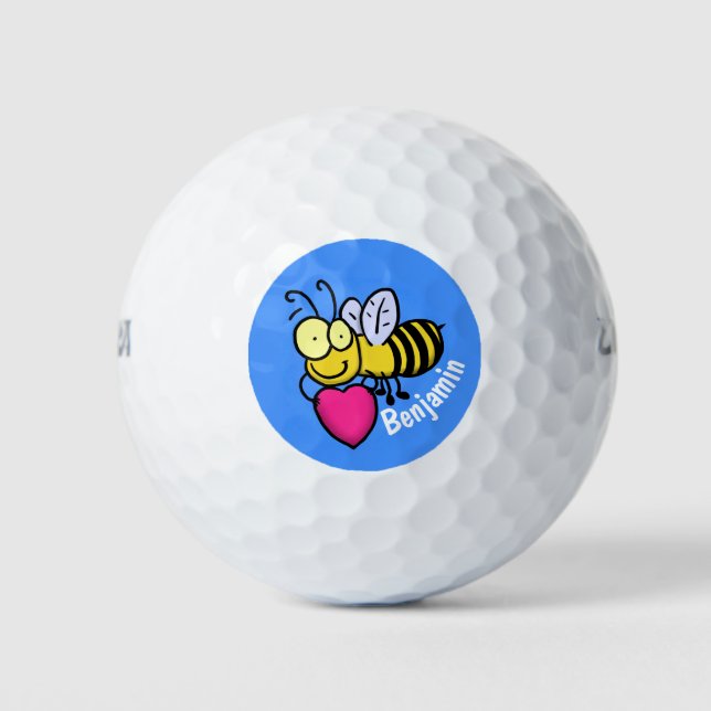 Cute funny bee with heart cartoon illustration golf balls (Front)