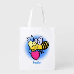 Cute funny bee with heart cartoon illustration grocery bag