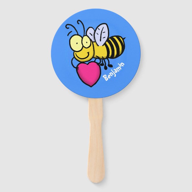 Cute funny bee with heart cartoon illustration hand fan (Front)