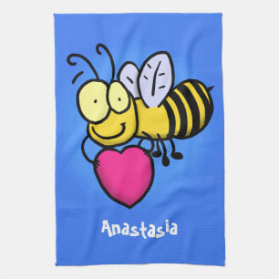 Cute funny bee with heart cartoon illustration kitchen towel