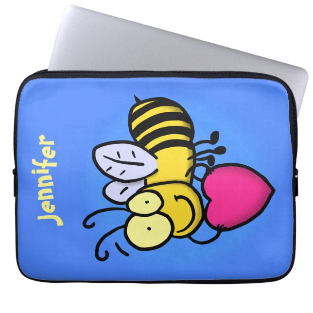 Cute funny bee with heart cartoon illustration laptop sleeve (Front)