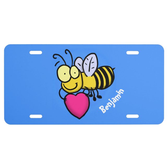 Cute funny bee with heart cartoon illustration license plate (Front)