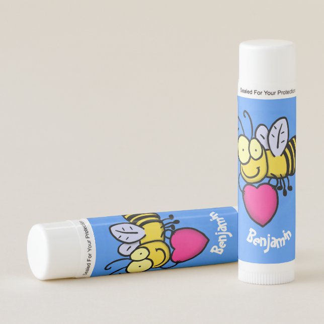 Cute funny bee with heart cartoon illustration lip balm (Front)