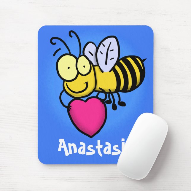 Cute funny bee with heart cartoon illustration mouse pad (With Mouse)