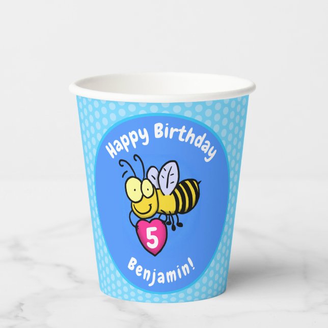 Cute funny bee with heart cartoon illustration paper cups (Front)