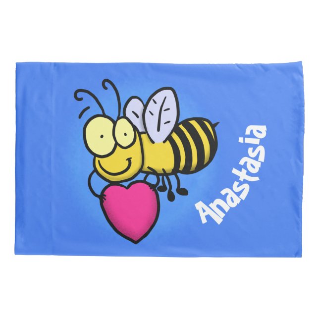 Cute funny bee with heart cartoon illustration pillow case (Back)