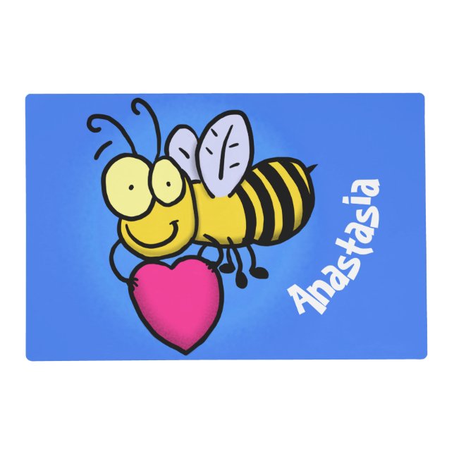 Cute funny bee with heart cartoon illustration placemat (Front)