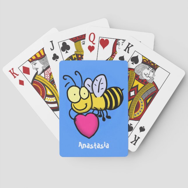 Cute funny bee with heart cartoon illustration poker cards (Back)
