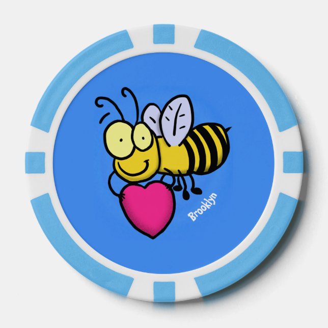 Cute funny bee with heart cartoon illustration poker chips (Front)