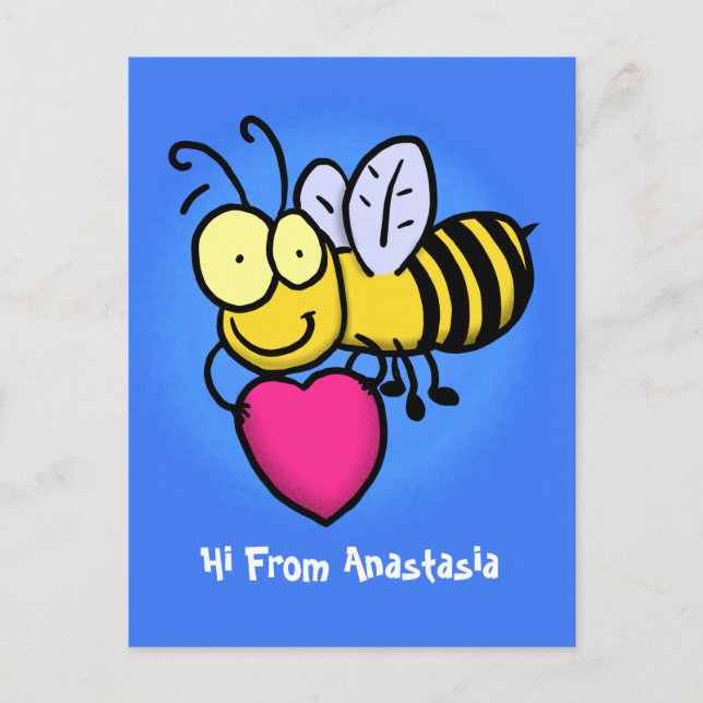 Cute funny bee with heart cartoon illustration postcard (Front)