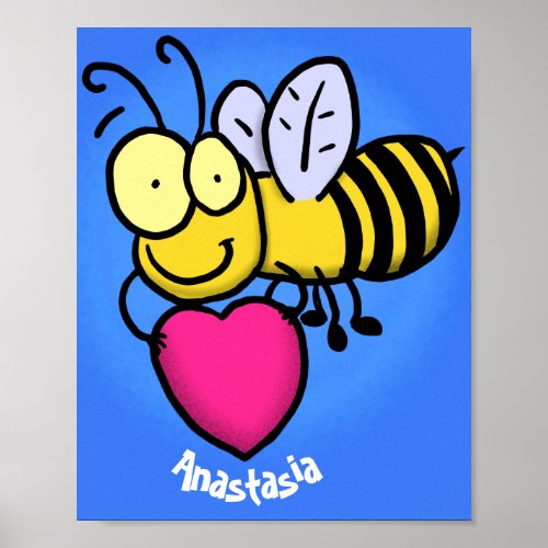 Cute funny bee with heart cartoon illustration poster