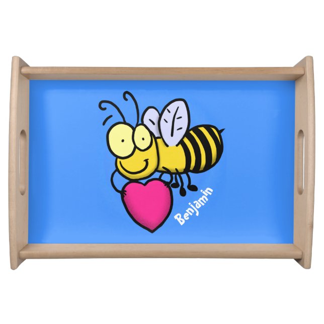 Cute funny bee with heart cartoon illustration serving tray (Front)