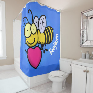 Cute funny bee with heart cartoon illustration shower curtain