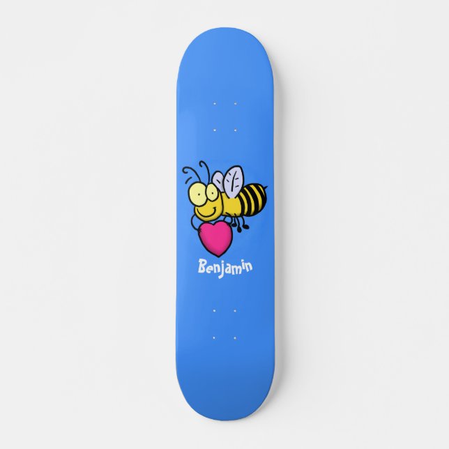 Cute funny bee with heart cartoon illustration skateboard (Front)