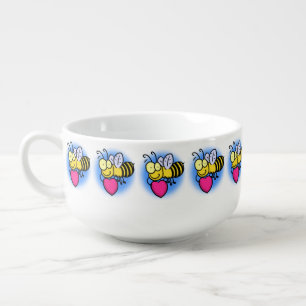 Cute funny bee with heart cartoon illustration soup mug