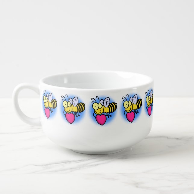 Cute funny bee with heart cartoon illustration soup mug (Right)