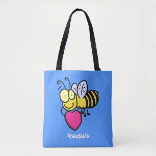 Cute funny bee with heart cartoon illustration tote bag