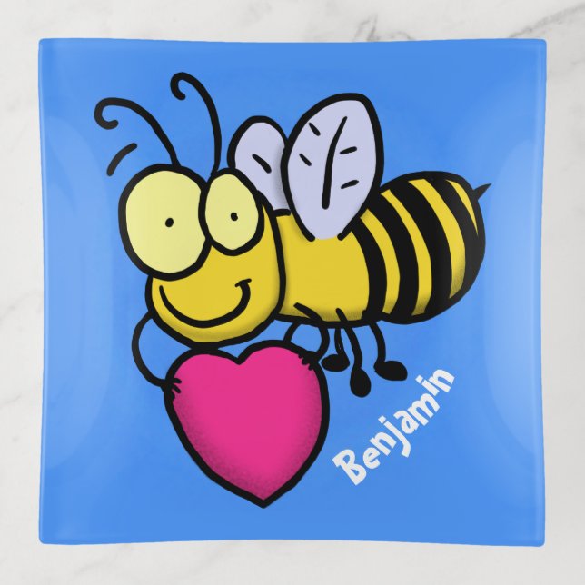 Cute funny bee with heart cartoon illustration trinket tray (Front)