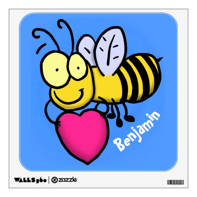 Cute funny bee with heart cartoon illustration wall decal (Front)