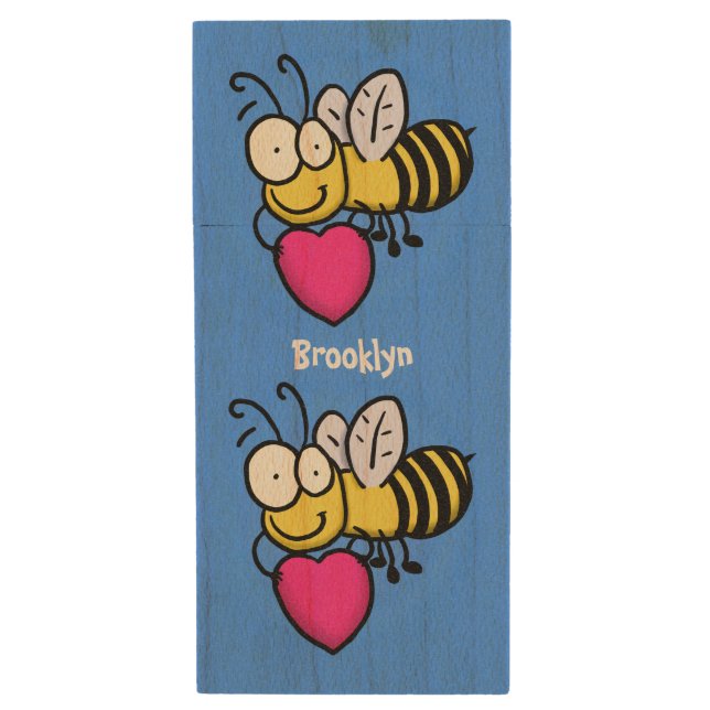 Cute funny bee with heart cartoon illustration wood flash drive (Front Vertical)